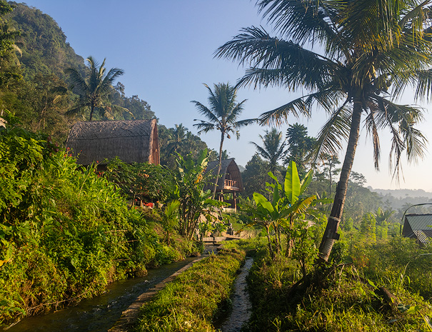 Villa Uma Dewi Sri in Sidemen seen from the irrigation channel that runs in front of the property
