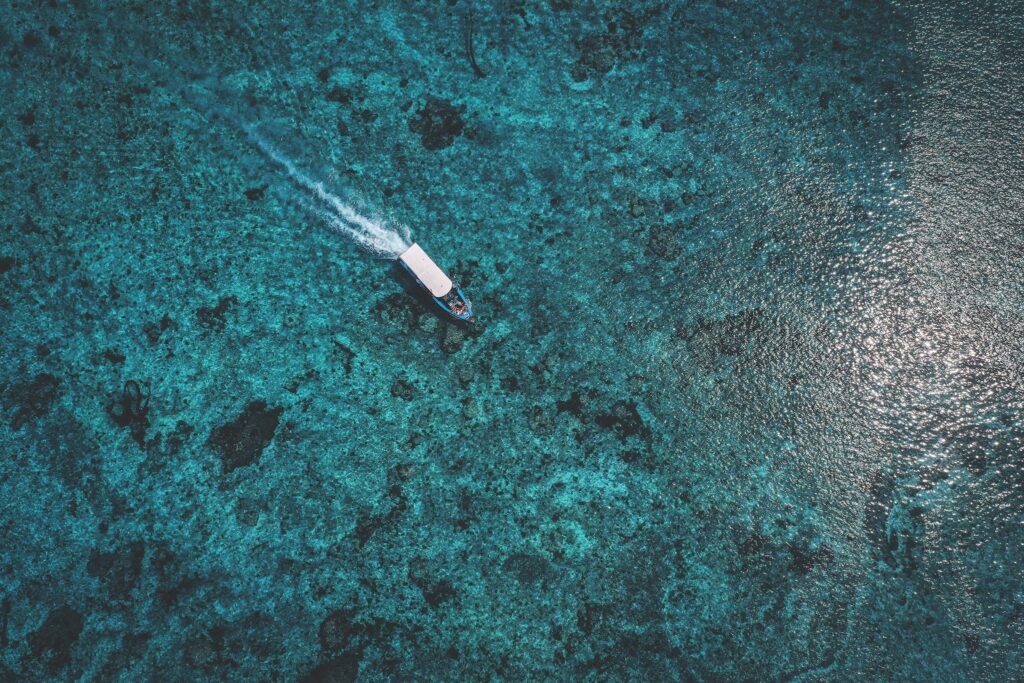 Birds eye view from a ferry boat from Bali to Nusa Penida