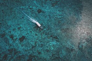 Birds eye view from a ferry boat from Bali to Nusa Penida