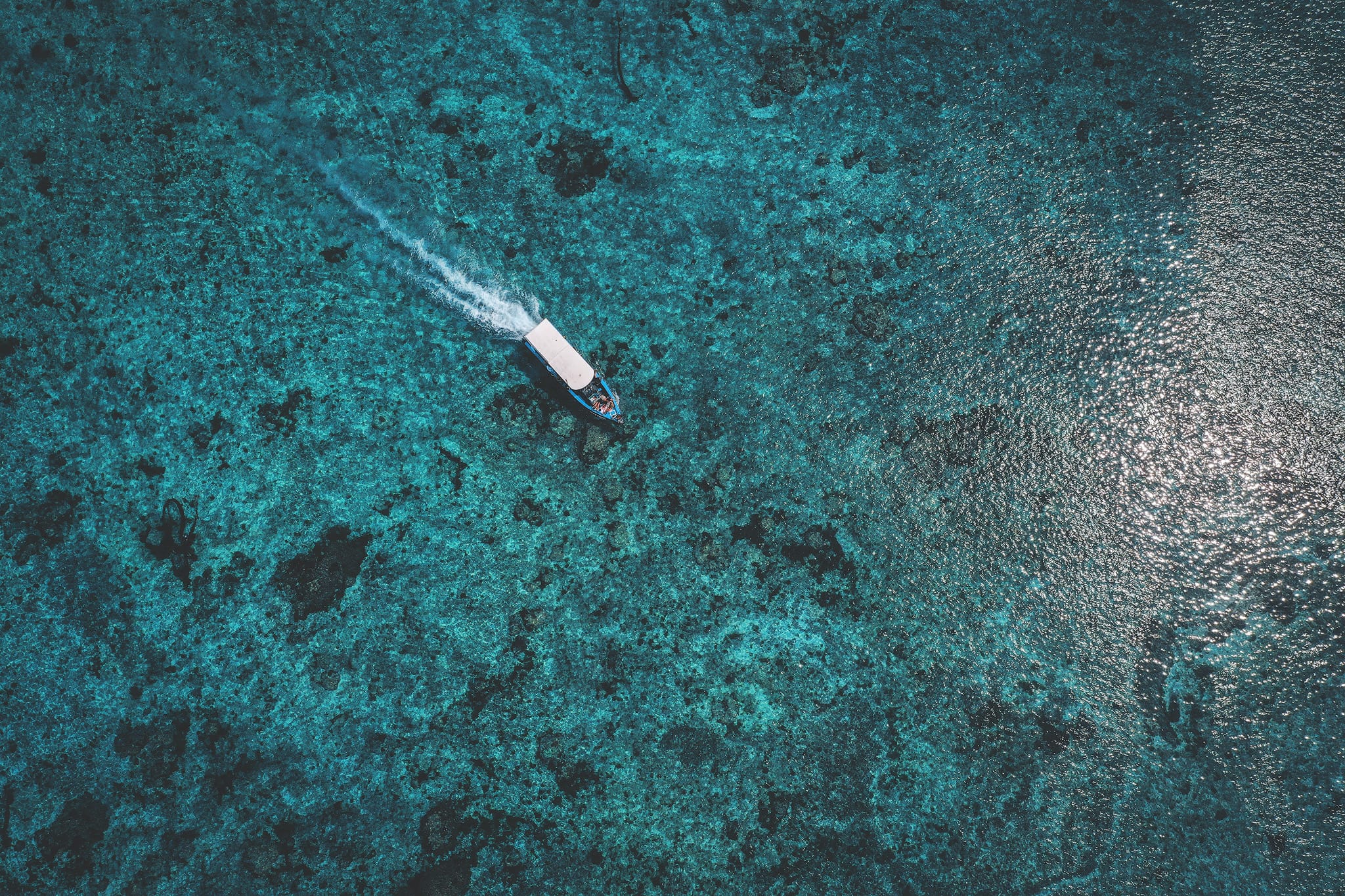 Birds eye view from a ferry boat from Bali to Nusa Penida